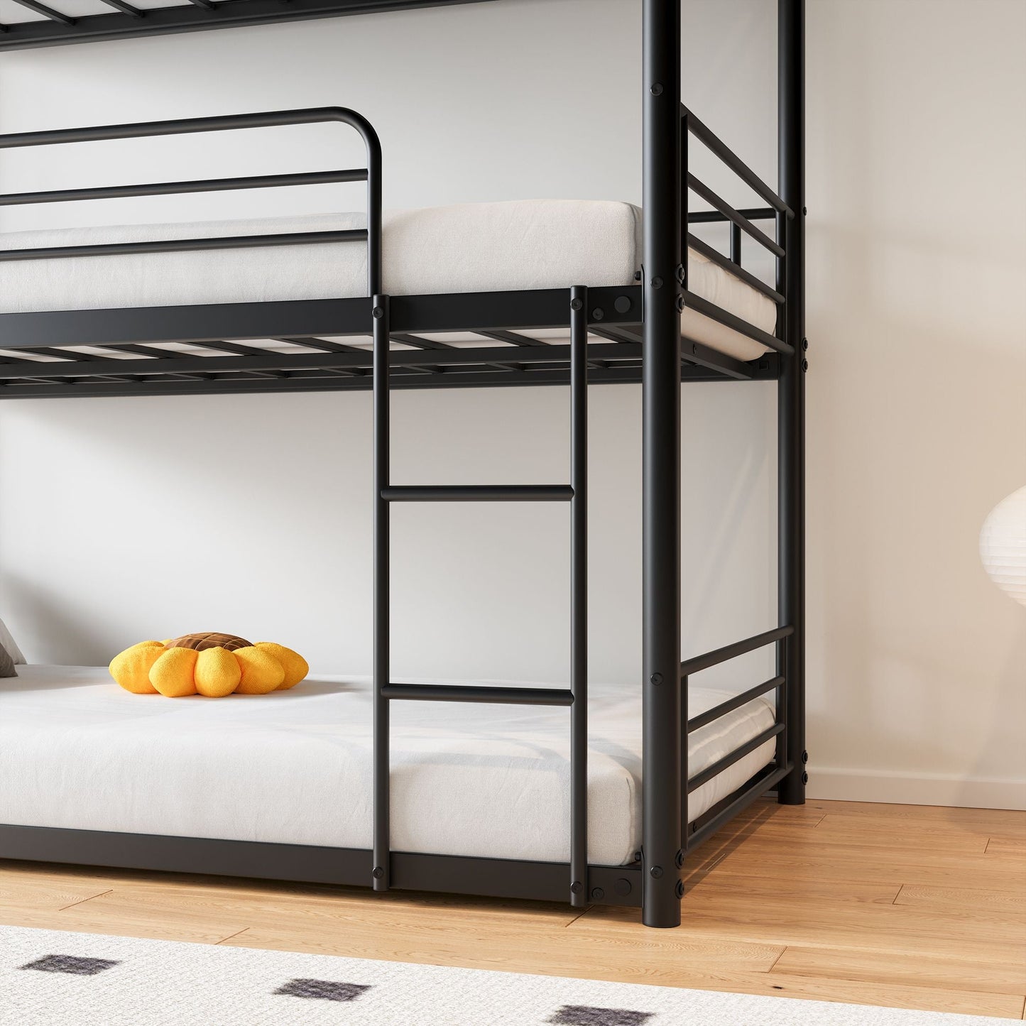 Heavy-Duty Triple Twin Over Twin Over Twin Metal Bunk Bed with Platform Frame and Guard Rail, Black | Just Better Bunk Beds