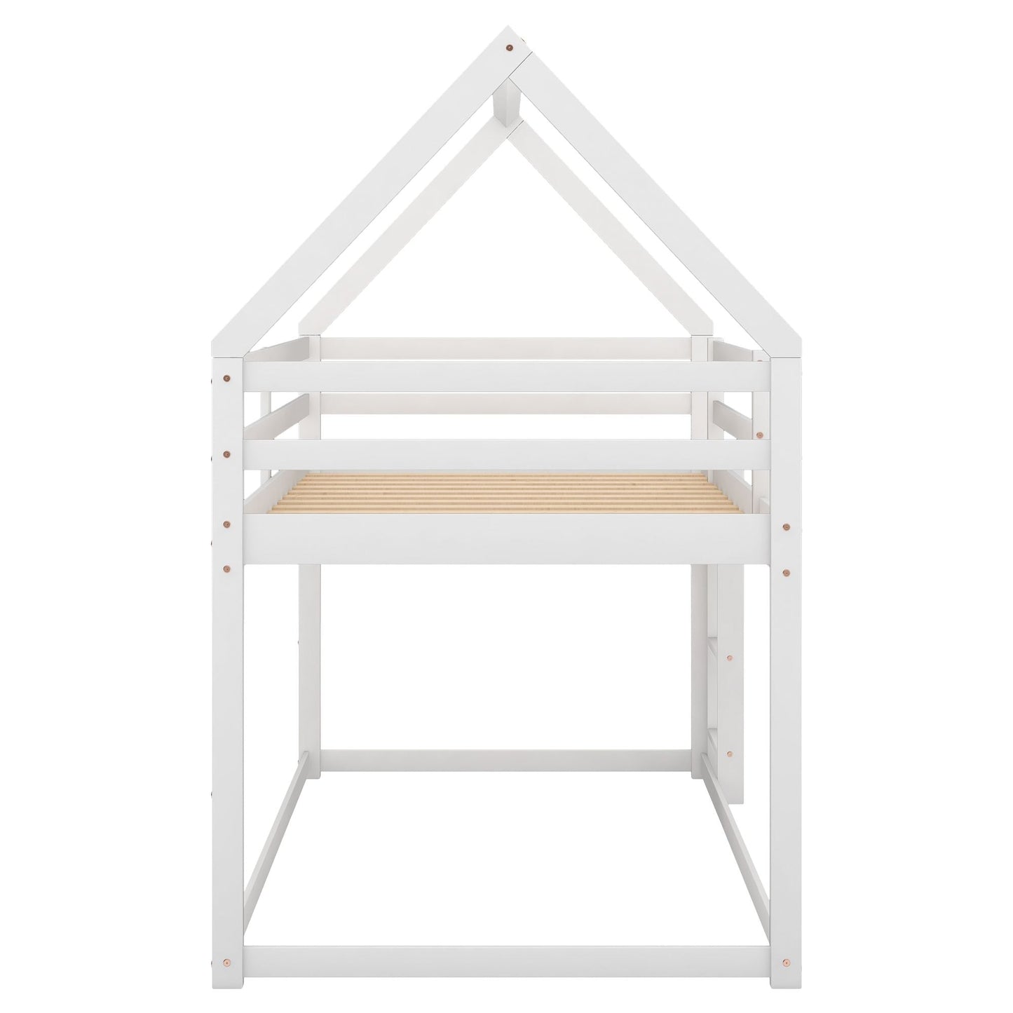 House-Style Low Twin Over Twin Wood Bunk Bed with Ladder, White | Just Better Bunk Beds