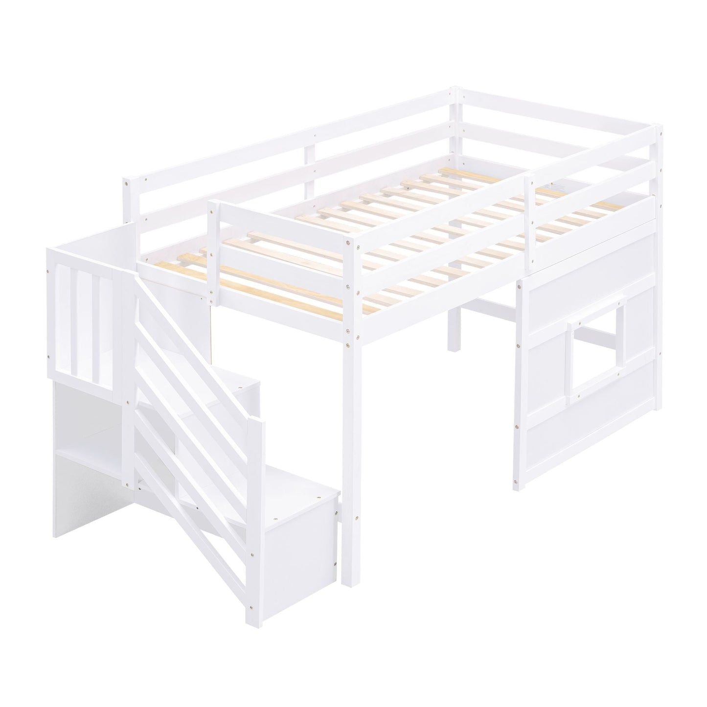 Space-Saving Twin Loft Wood Bed with Storage Staircase and Window, White | Just Better Bunk Beds