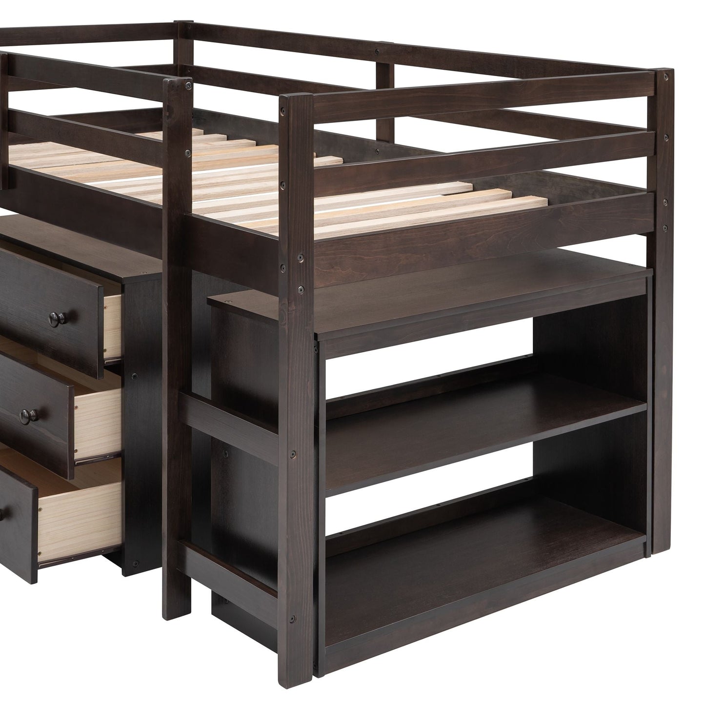 Kids Bedroom Twin Wood Loft Bed with Cabinet and Rolling Desk, White | Just Better Bunk Beds