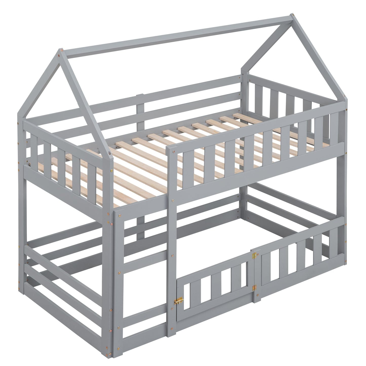 Kids Bedroom Twin Over Twin Wood House Bunk Bed with Fence and Door, Gray | Just Better Bunk Beds
