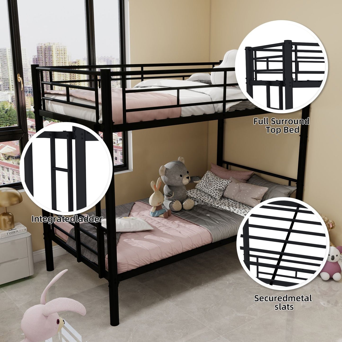 Shared Room Solution Twin Over Twin Metal Bunk Bed with Ladder and Guardrail, Convertible, Metal | Just Better Bunk Beds