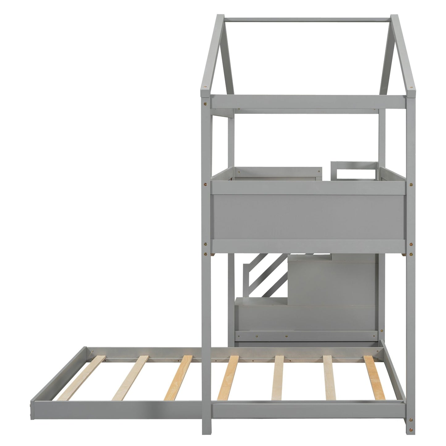 Staircase Storage Twin Over Full Wood House Bunk Bed with Blackboard, Gray and White | Just Better Bunk Beds