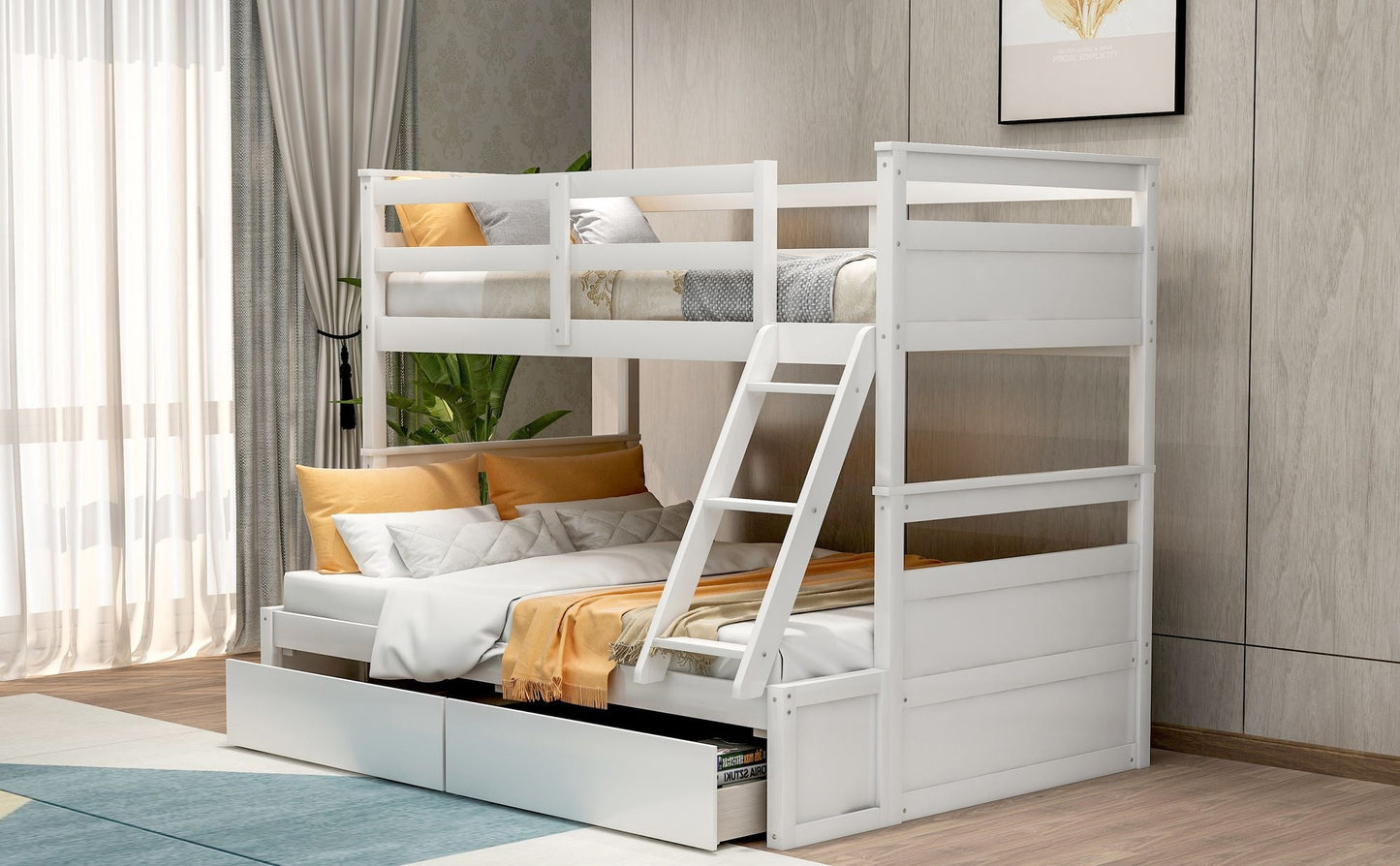 Space-Saving Twin Over Full Wood Bunk Bed with Storage, White | Just Better Bunk Beds