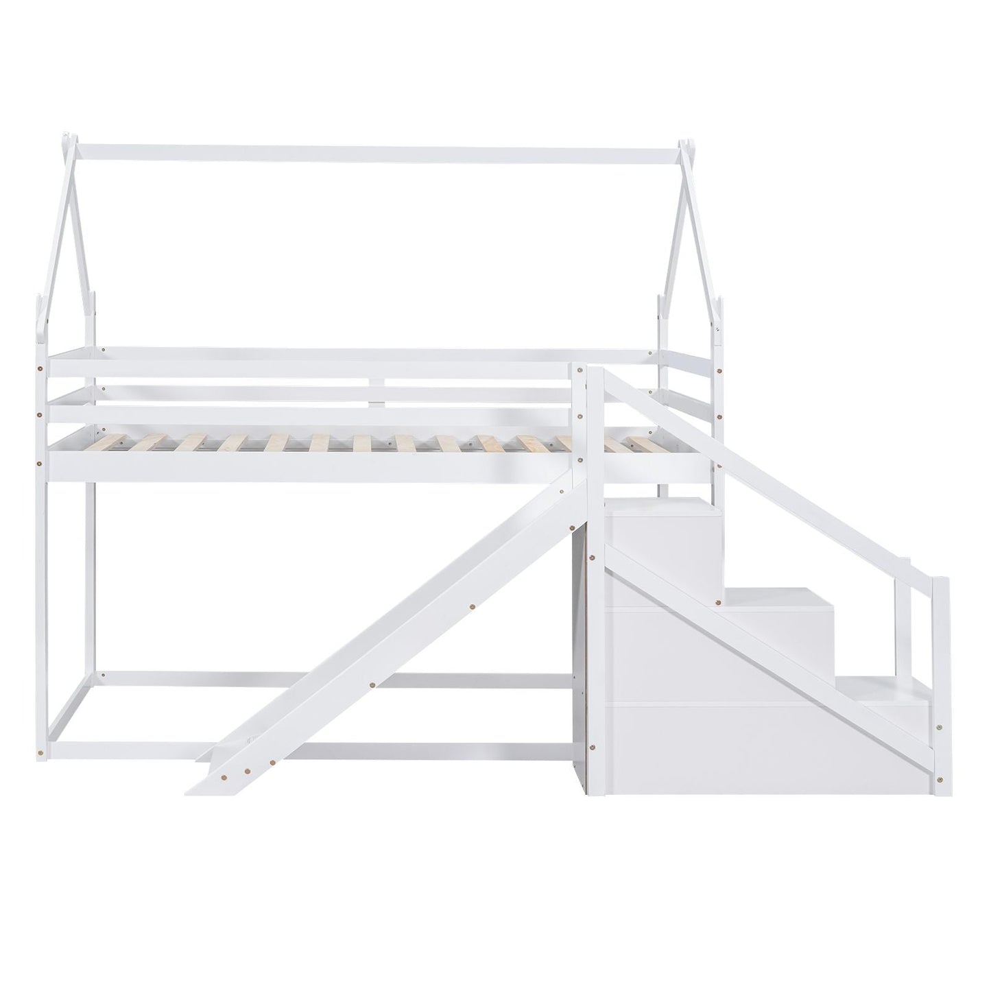 Kids Bedroom Twin Over Twin Wood House Loft Bed with Slide and Staircase, White | Just Better Bunk Beds