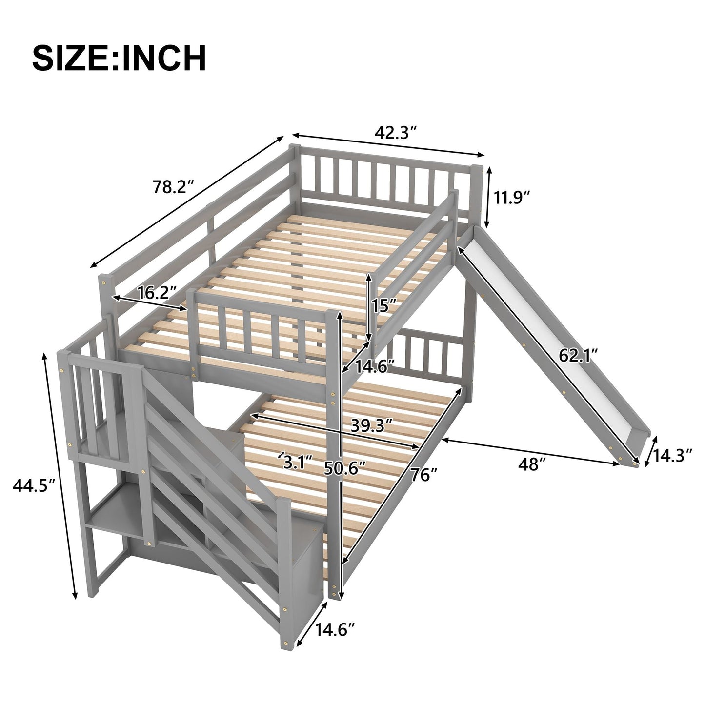 Convertible Twin Over Twin Wood Bunk Bed with Slide and Stairway, White | Just Better Bunk Beds