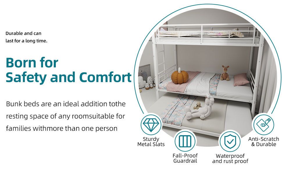 Heavy-duty Sturdy Meta Twin over Twin Bunk Bed/l/ Noise Reduced/ Safety Guardrail/No Box Spring Needed, White