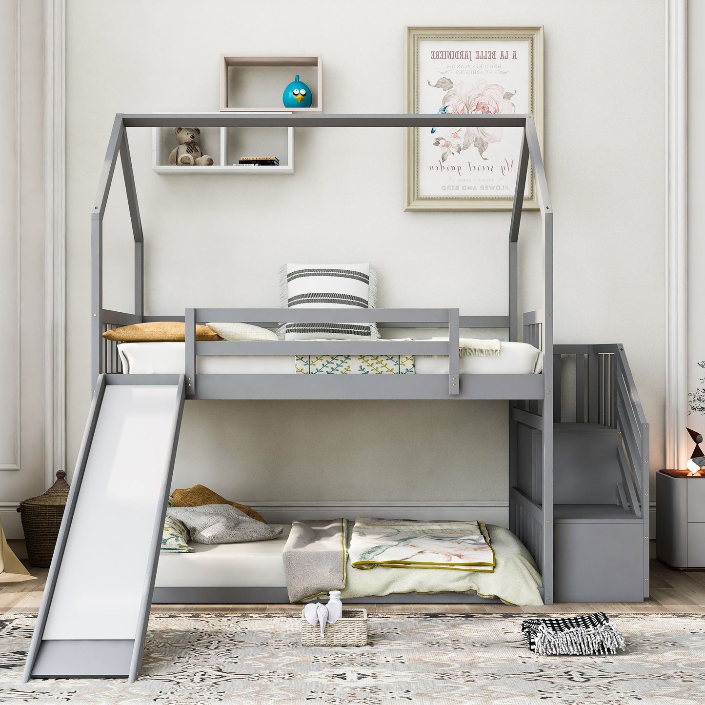 House-Style Twin Over Twin Wood Bunk Bed with Convertible Slide and Storage Staircase, Gray | Just Better Bunk Beds