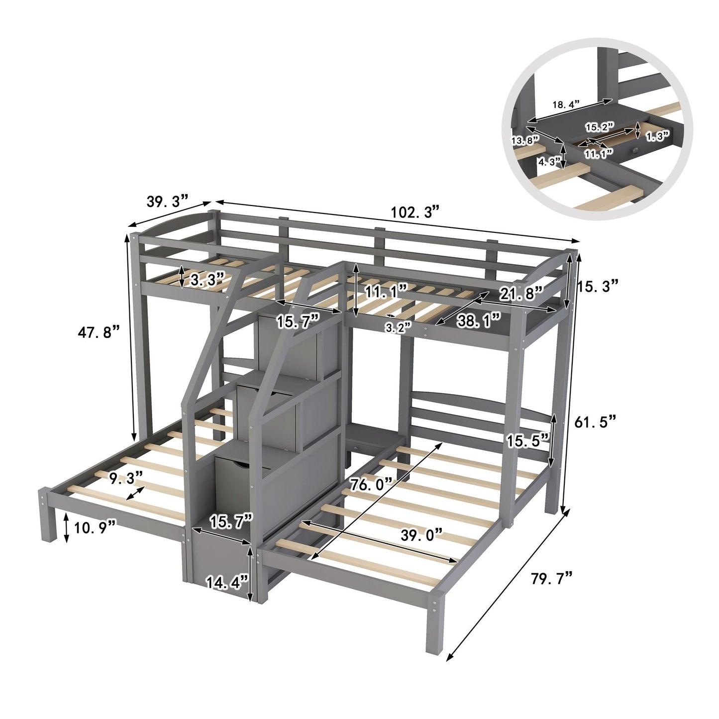 Built-In Staircase Twin Over Twin Over Twin Wood Bunk Bed, Gray with Storage Drawer | Just Better Bunk Beds