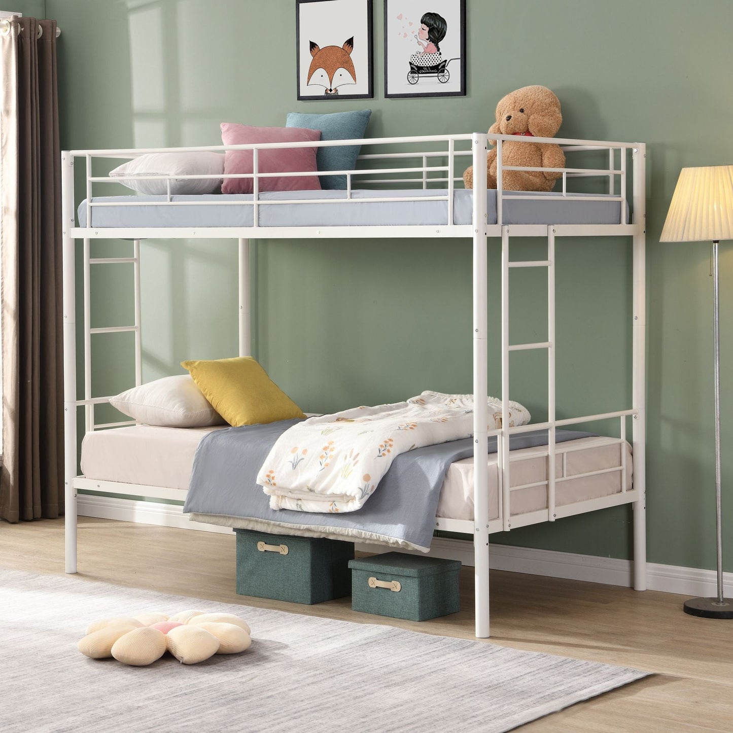 Shared Room Solution Twin Over Twin Metal Bunk Bed with 2 Ladders and Full-Length Guardrail, Black | Just Better Bunk Beds