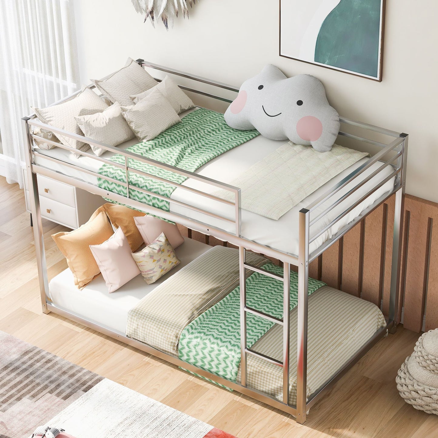 Low Profile Twin Over Twin Metal Bunk Bed with Ladder, White | Just Better Bunk Beds