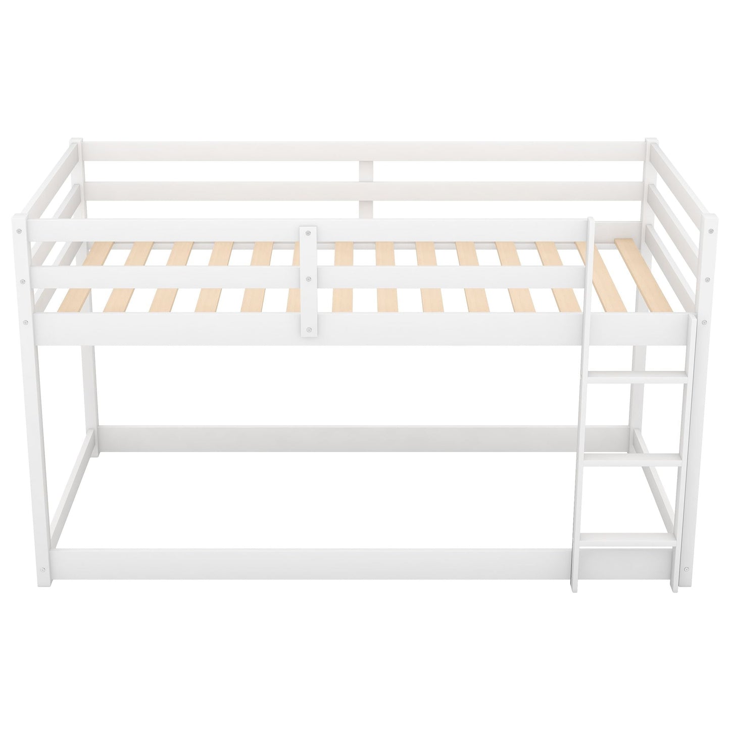 Low Profile Twin Over Twin Wood Floor Bunk Bed, White with Ladder | Just Better Bunk Beds