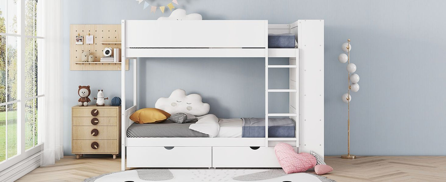 Storage Twin Over Twin Wood Bunk Bed with 2 Drawers and Multi-Layer Cabinet, White | Just Better Bunk Beds