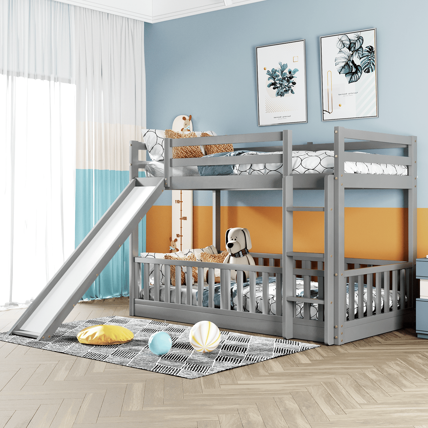 Kids Bedroom Twin Over Twin Wood Bunk Bed with Slide and Ladder, White | Just Better Bunk Beds