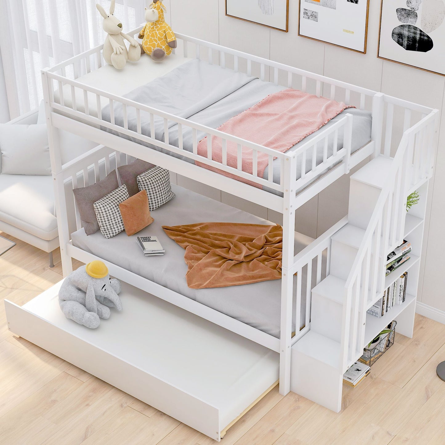 Shared Room Solution Twin Over Twin Wood Bunk Bed with Trundle and Storage, White | Just Better Bunk Beds