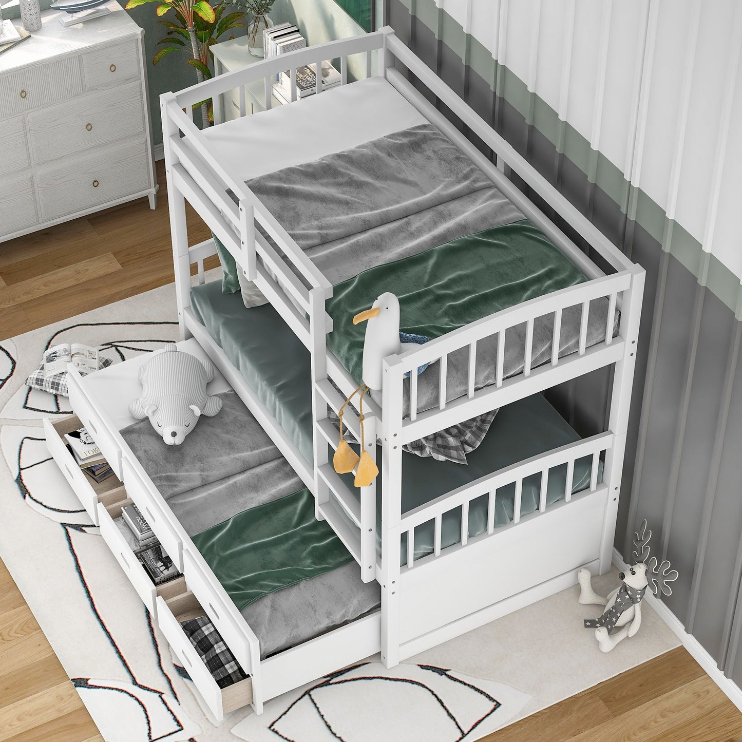 Space-Saving Twin Over Twin Wood Bunk Bed with Trundle and Drawers, White | Just Better Bunk Beds