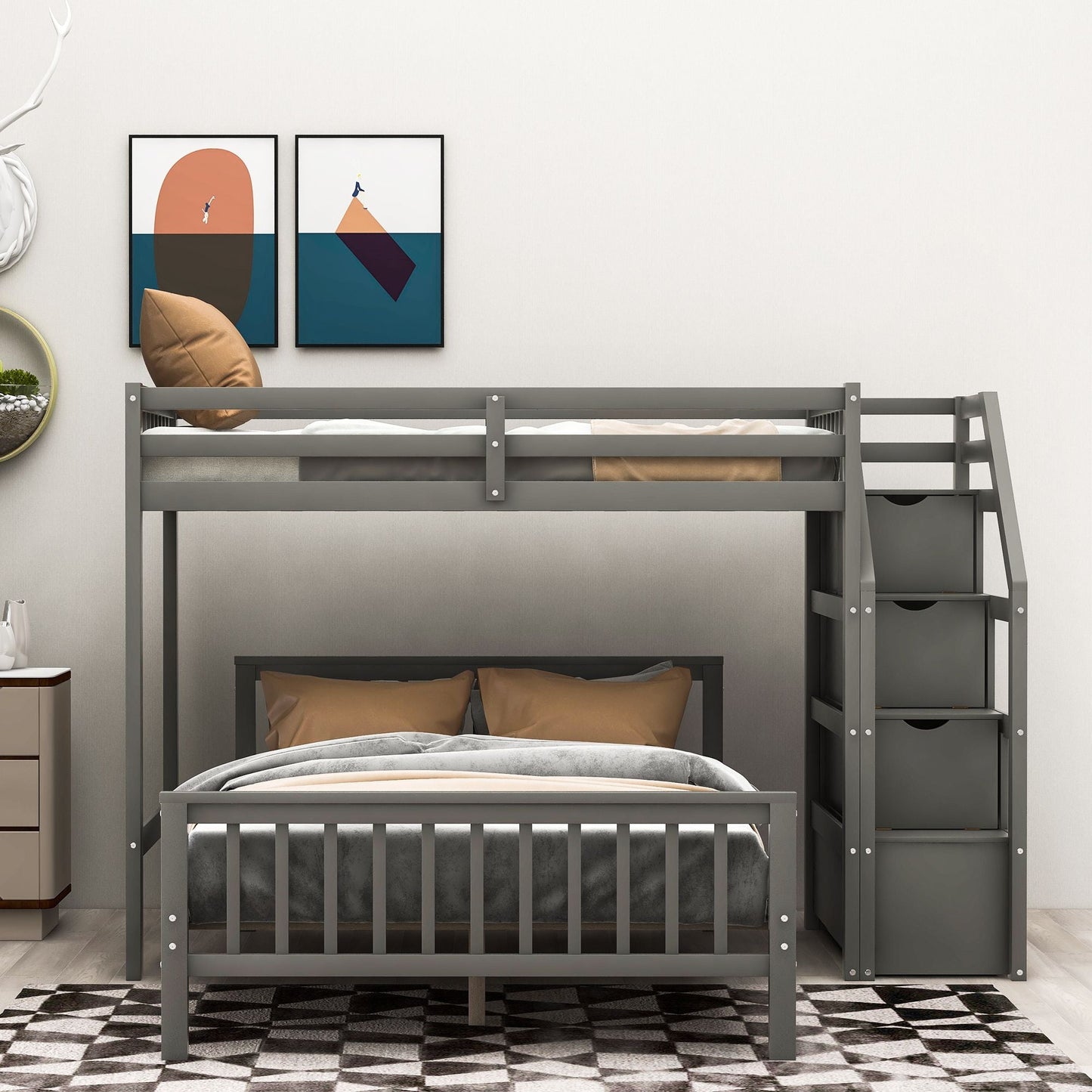 Space-Saving Twin Over Full Wood Loft Bed with Staircase, Gray | Just Better Bunk Beds