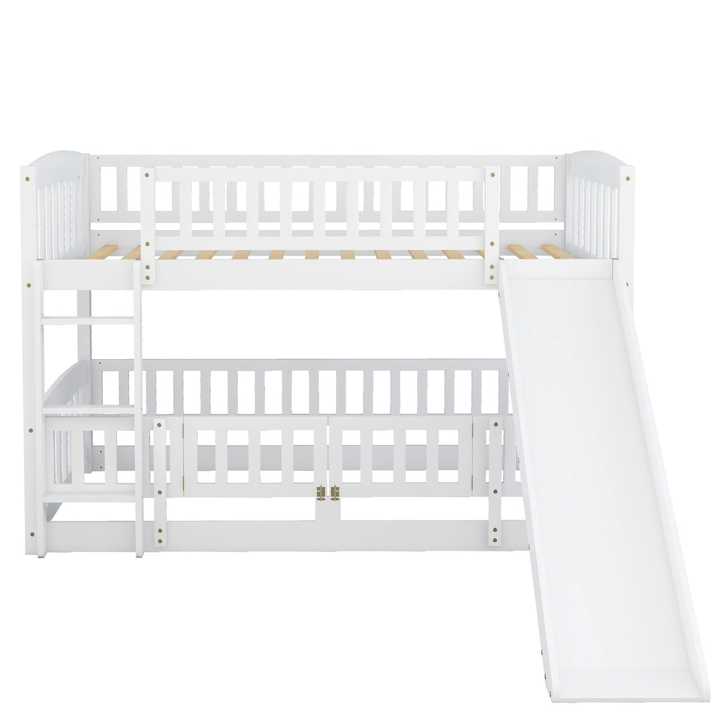 Safe Twin Over Twin Wood Low Bunk Bed with Slide, White with Fence and Ladder | Just Better Bunk Beds