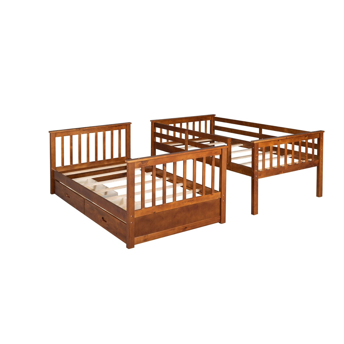 Organized Twin Over Twin Wood Bunk Bed with Ladders and Two Storage Drawers, Walnut | Just Better Bunk Beds