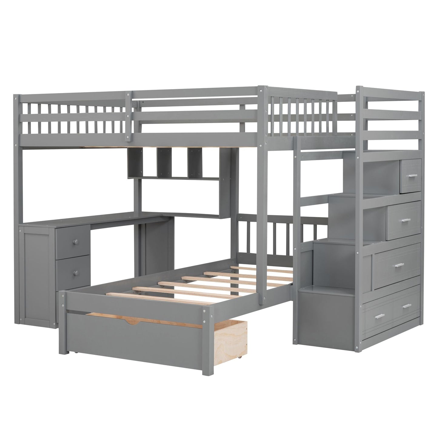 Shared Room Solution Full Over Twin Wood Bunk Bed with Desk, Drawers and Shelves, Gray | Just Better Bunk Beds