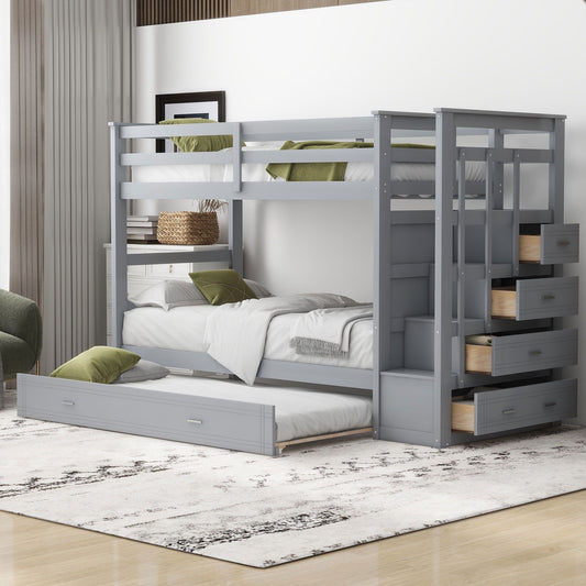 Staircase Storage Twin Over Twin Wood Bunk Bed with Trundle, Gray | Just Better Bunk Beds