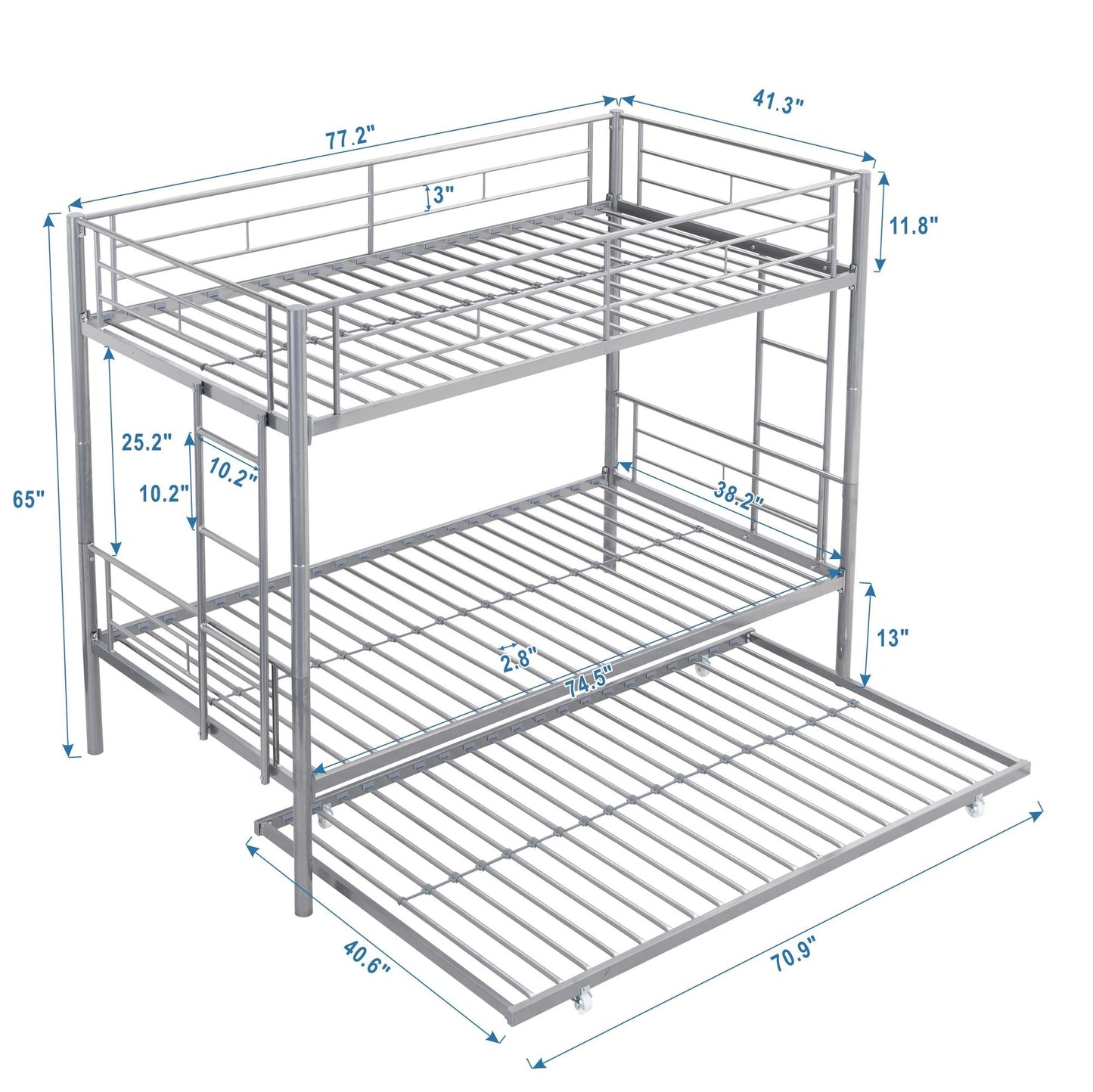 Heavy-Duty Twin Metal Bunk Bed with Trundle and Guard Rail, Multiple Colors | Just Better Bunk Beds