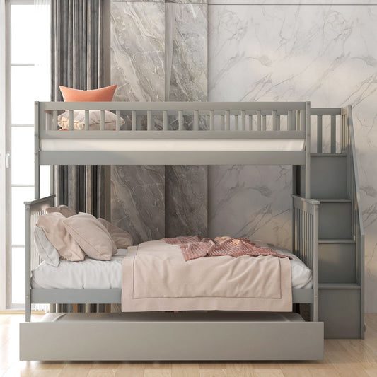 Shared Room Solution Twin Over Full Wood Bunk Bed with Trundle and Staircase, White | Just Better Bunk Beds