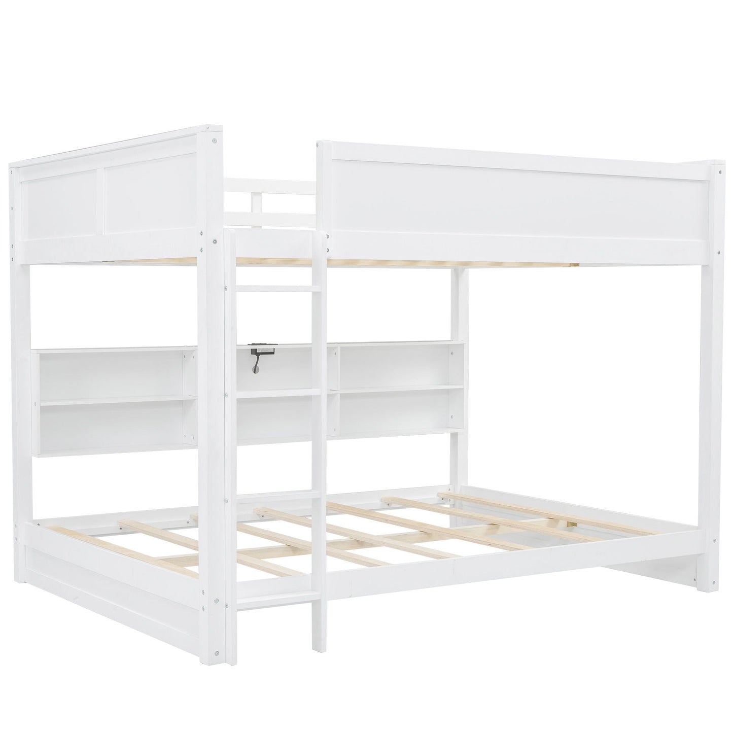 Shared Room Solution Queen Over Queen Wood Bunk Bed with Storage and USB Ports, White | Just Better Bunk Beds