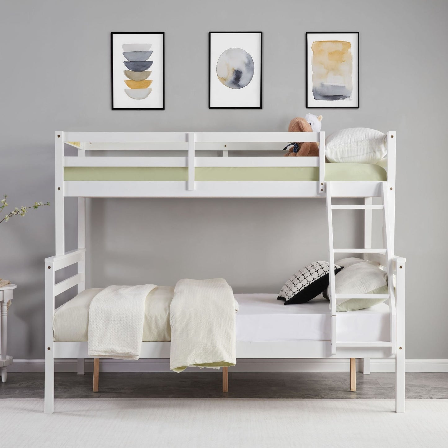 Shared Room Solution Twin Over Full Wood Bunk Bed, White with Ladder and High Guardrail | Just Better Bunk Beds