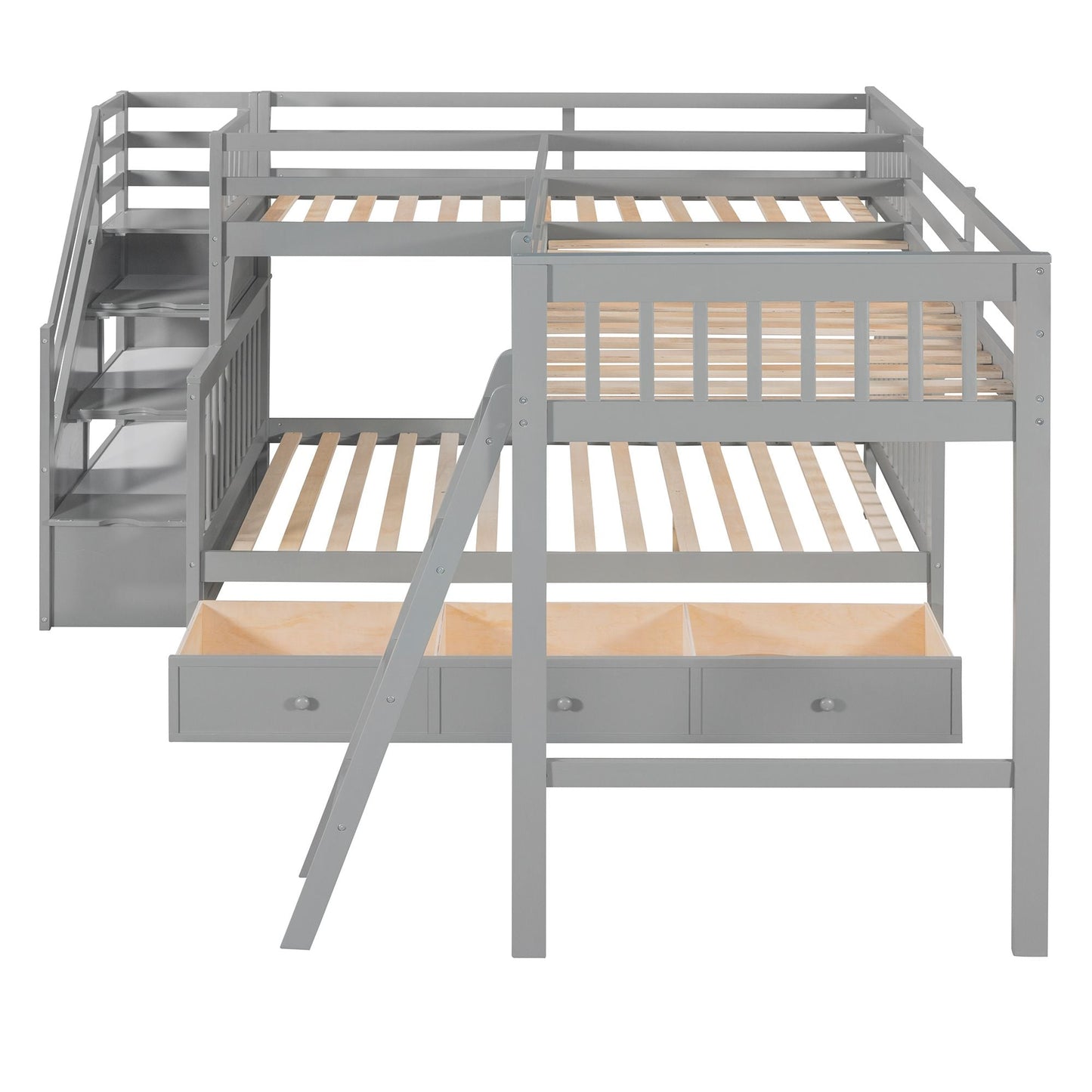 Twin over Full L-Shaped Bunk Bed With 3 Drawers,  Ladder and Staircase - Gray