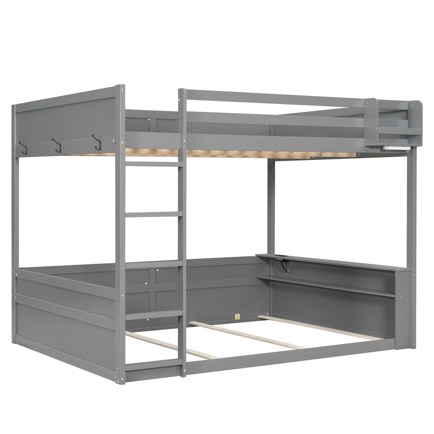 Kids Bedroom Queen Wood Bunk Bed with Built-in Shelves, Storage Box, LED Light, USB Charging, Gray | Just Better Bunk Beds