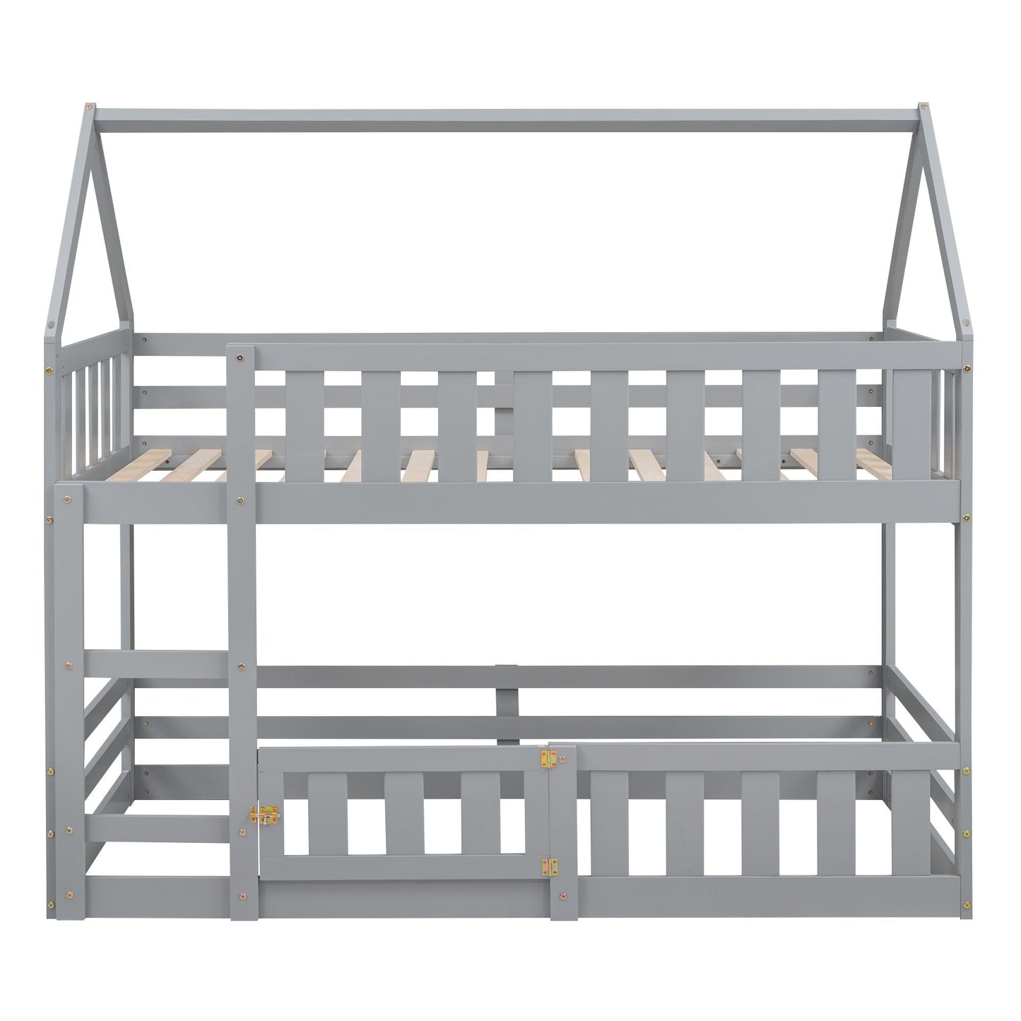 Kids Bedroom Twin Over Twin Wood House Bunk Bed with Fence and Door, Gray | Just Better Bunk Beds