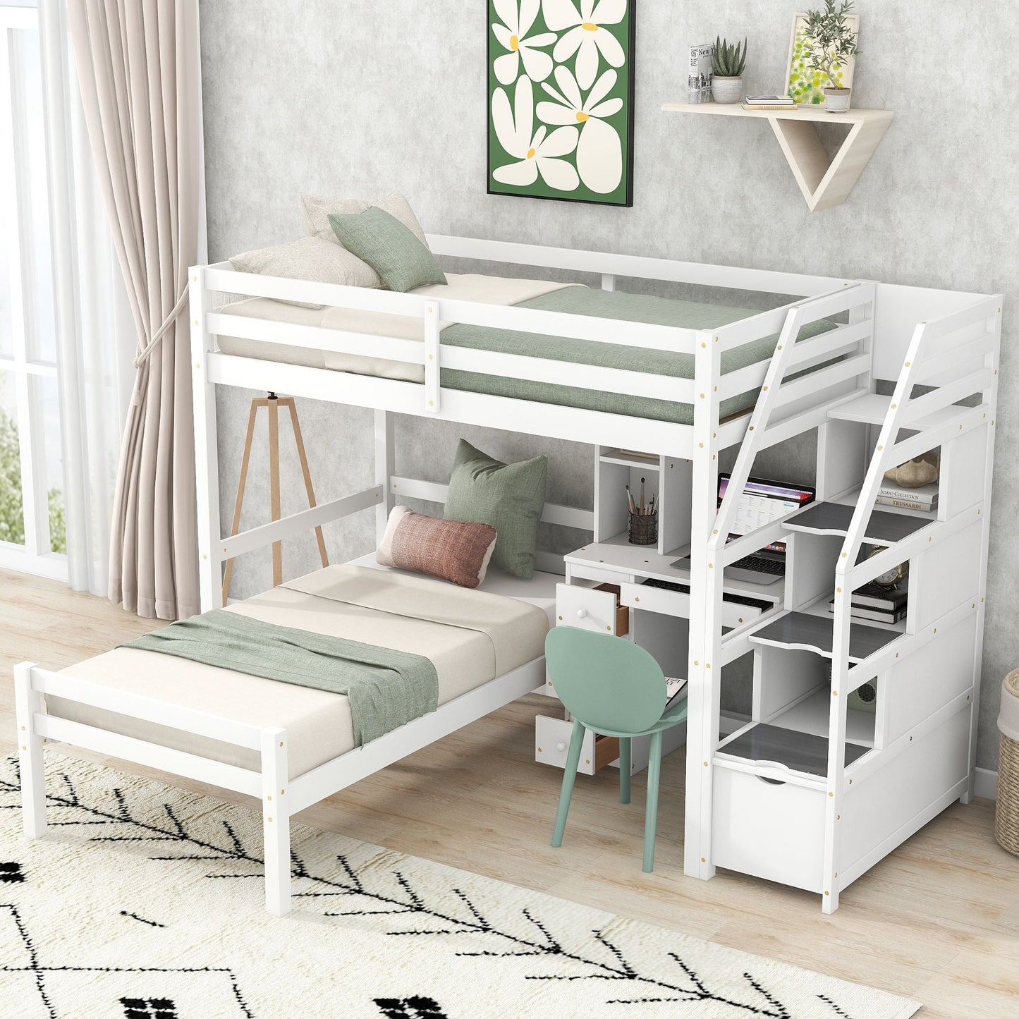 Space-Saving Twin Wood Loft Bed with Stand-Alone Bed, Storage Staircase, Desk, Shelves and Drawers, White | Just Better Bunk Beds