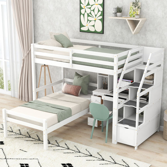 Space-Saving Twin Wood Loft Bed with Stand-Alone Bed, Storage Staircase, Desk, Shelves and Drawers, White | Just Better Bunk Beds