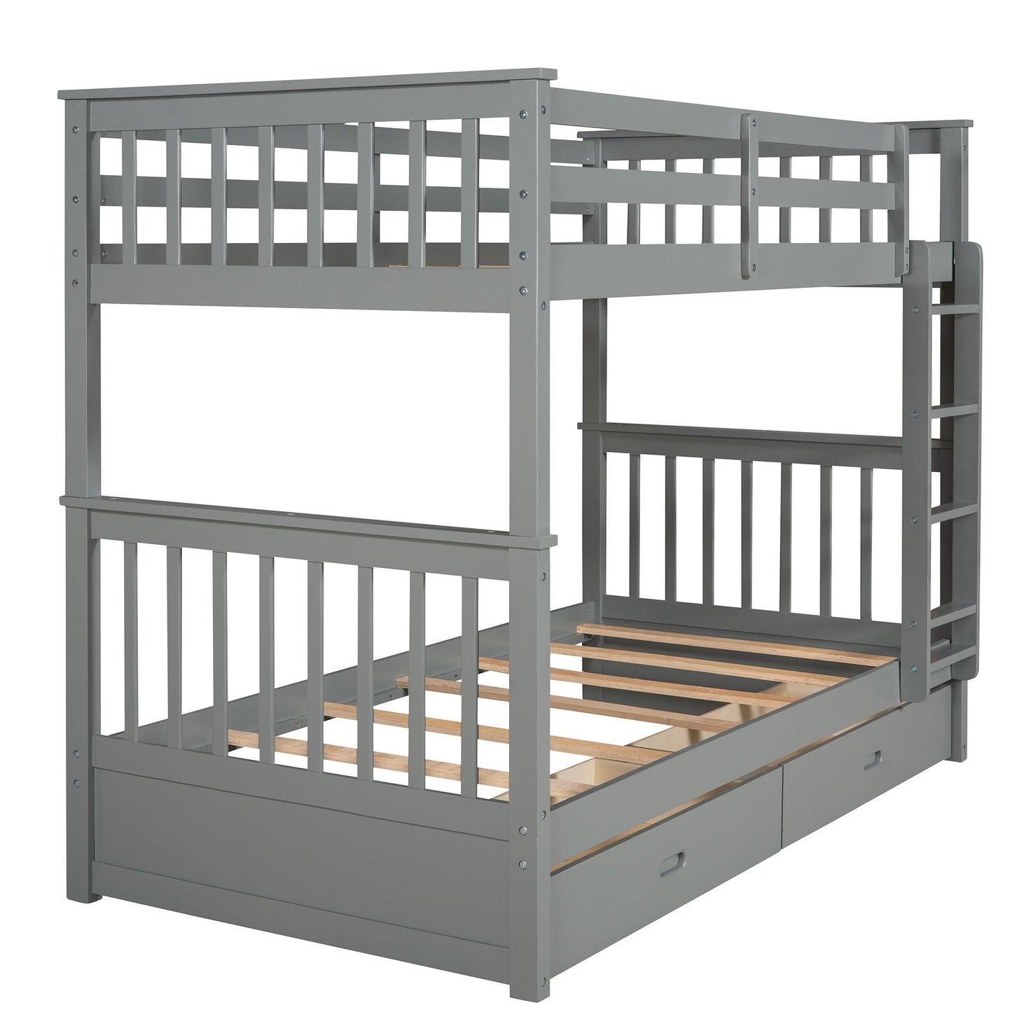 Storage Twin Over Twin Wood Bunk Bed with Ladders and Two Drawers, White | Just Better Bunk Beds