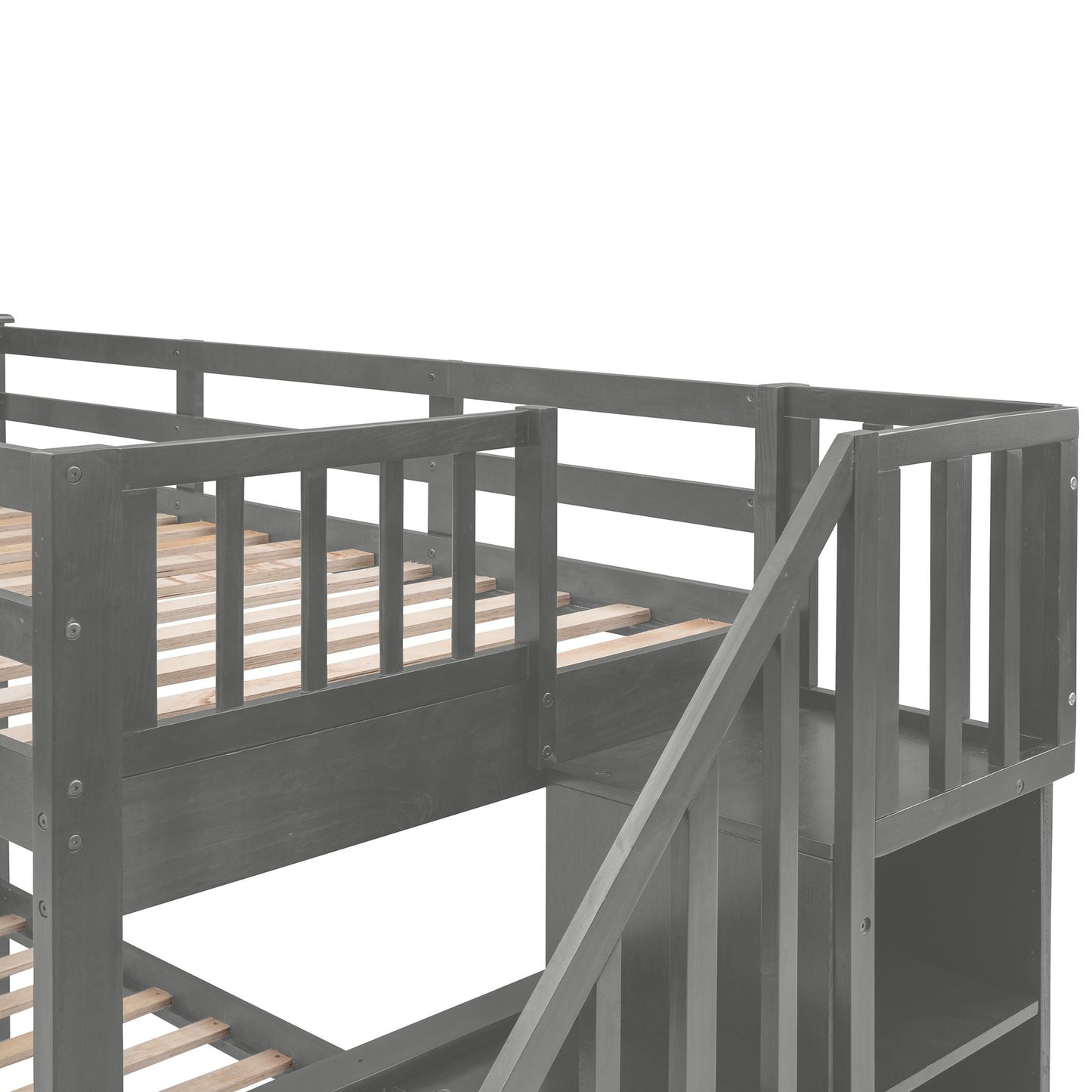 Staircase Storage Twin Over Full Wood Bunk Bed with Drawer, Storage, and Guard Rail, Gray | Just Better Bunk Beds