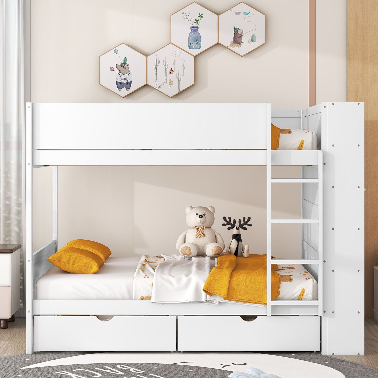 Organized Full Over Full Wood Bunk Bed with 2 Drawers and Multi-Layer Cabinet, White | Just Better Bunk Beds