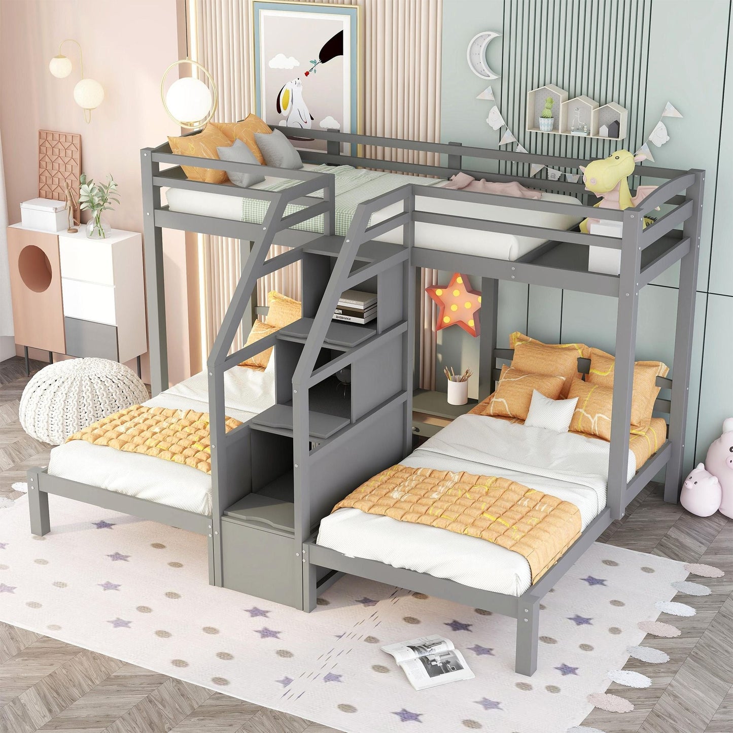 Built-In Staircase Twin Over Twin Over Twin Wood Bunk Bed, Gray with Storage Drawer | Just Better Bunk Beds
