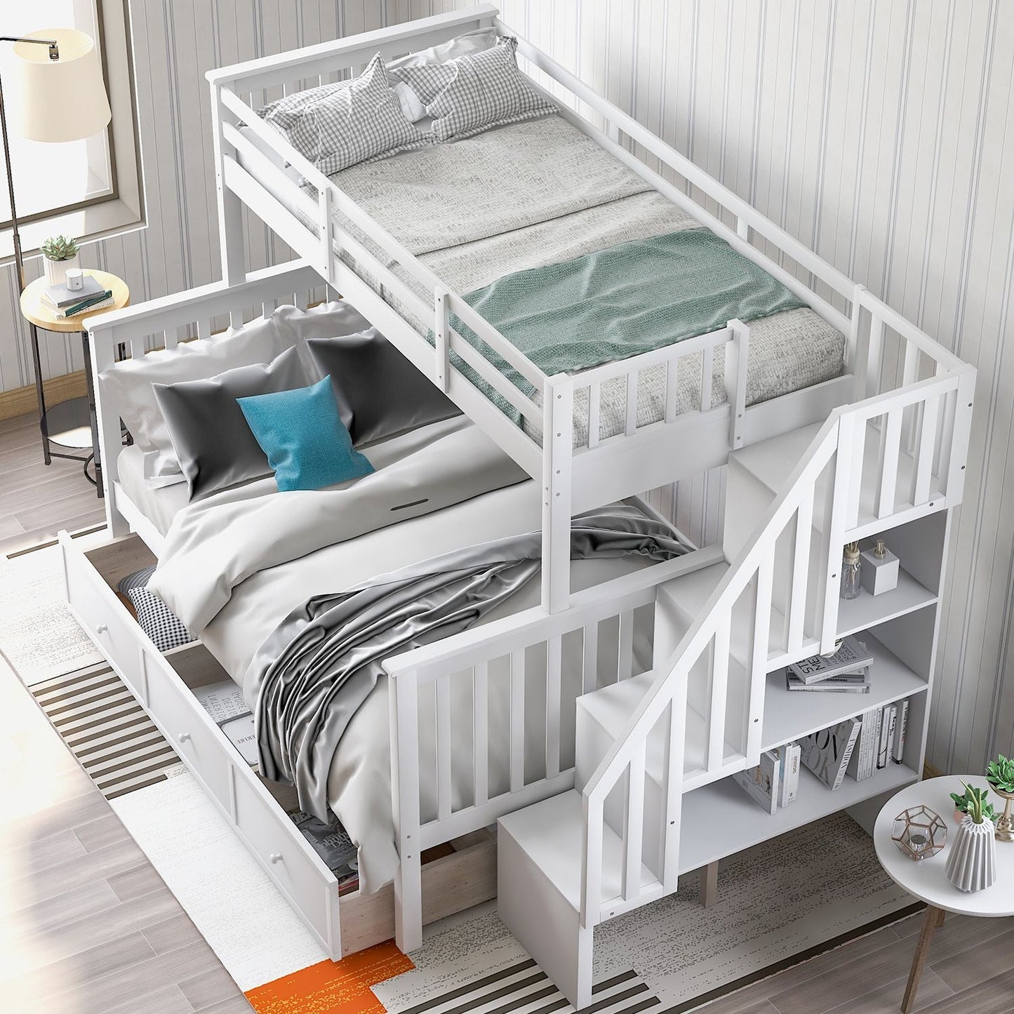 Staircase Storage Twin Over Full Wood Bunk Bed with Drawer and Guard Rail, Espresso, Gray, White | Just Better Bunk Beds