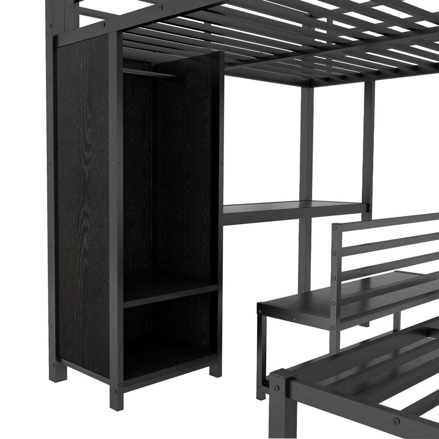 Shared Room Solution Queen Over Queen Metal Bunk Bed with Built-in Wardrobe, Desk, and Storage Chairs, Black | Just Better Bunk Beds