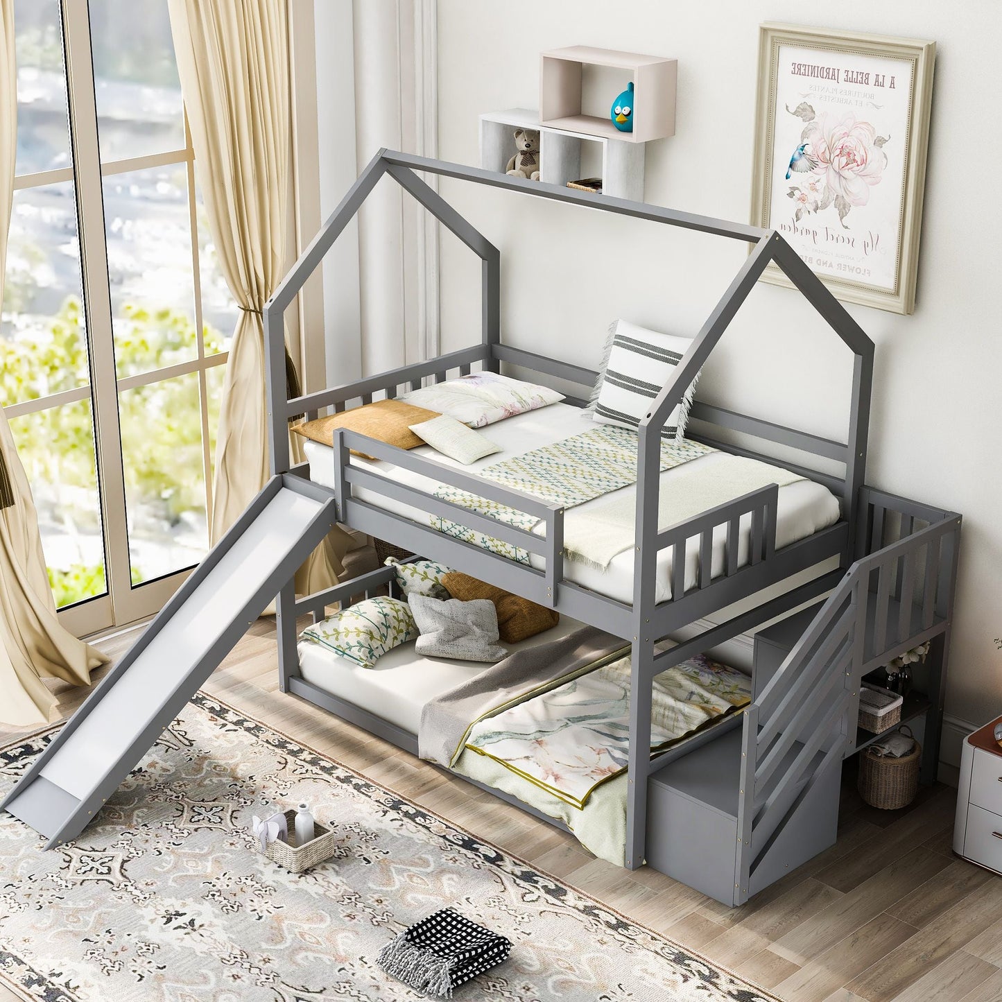 House-Style Twin Over Twin Wood Bunk Bed with Convertible Slide and Storage Staircase, Gray | Just Better Bunk Beds