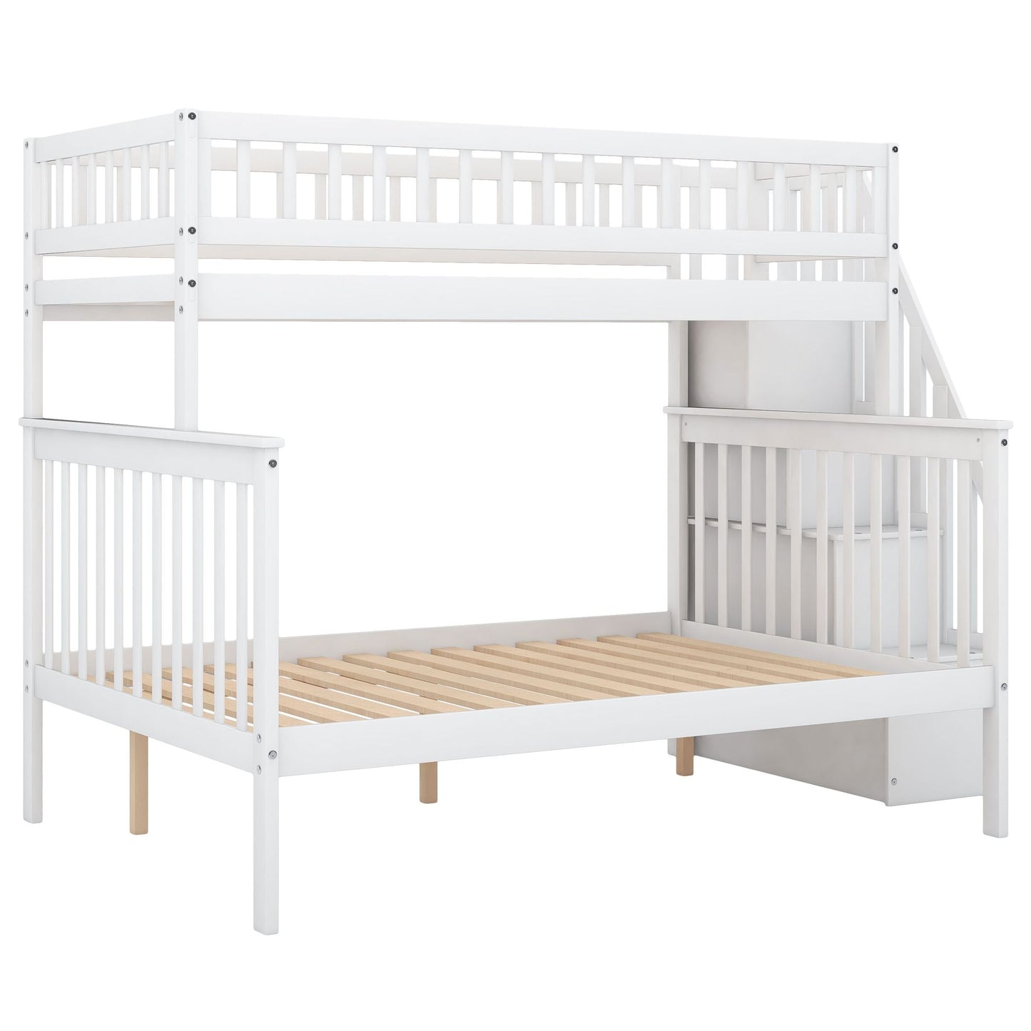Twin over Full Stairway Bunk Bed with storage,  White