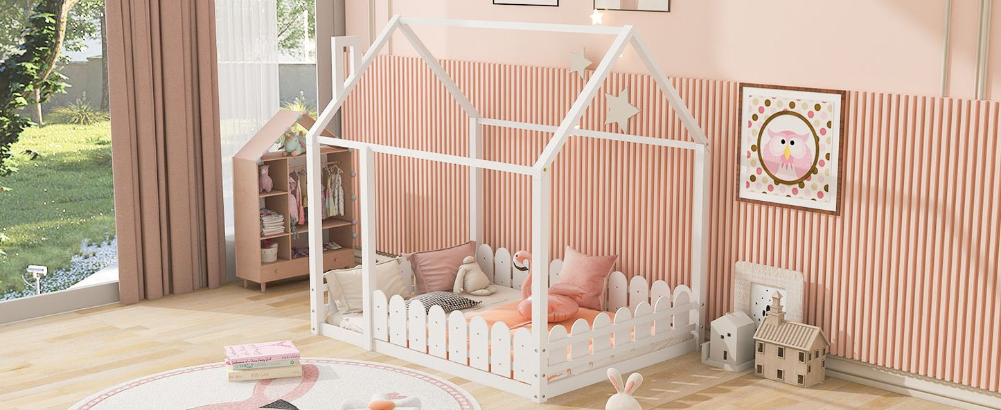 Kids Bedroom Full Wood Bed Frame with Protective Fence, White | Just Better Bunk Beds