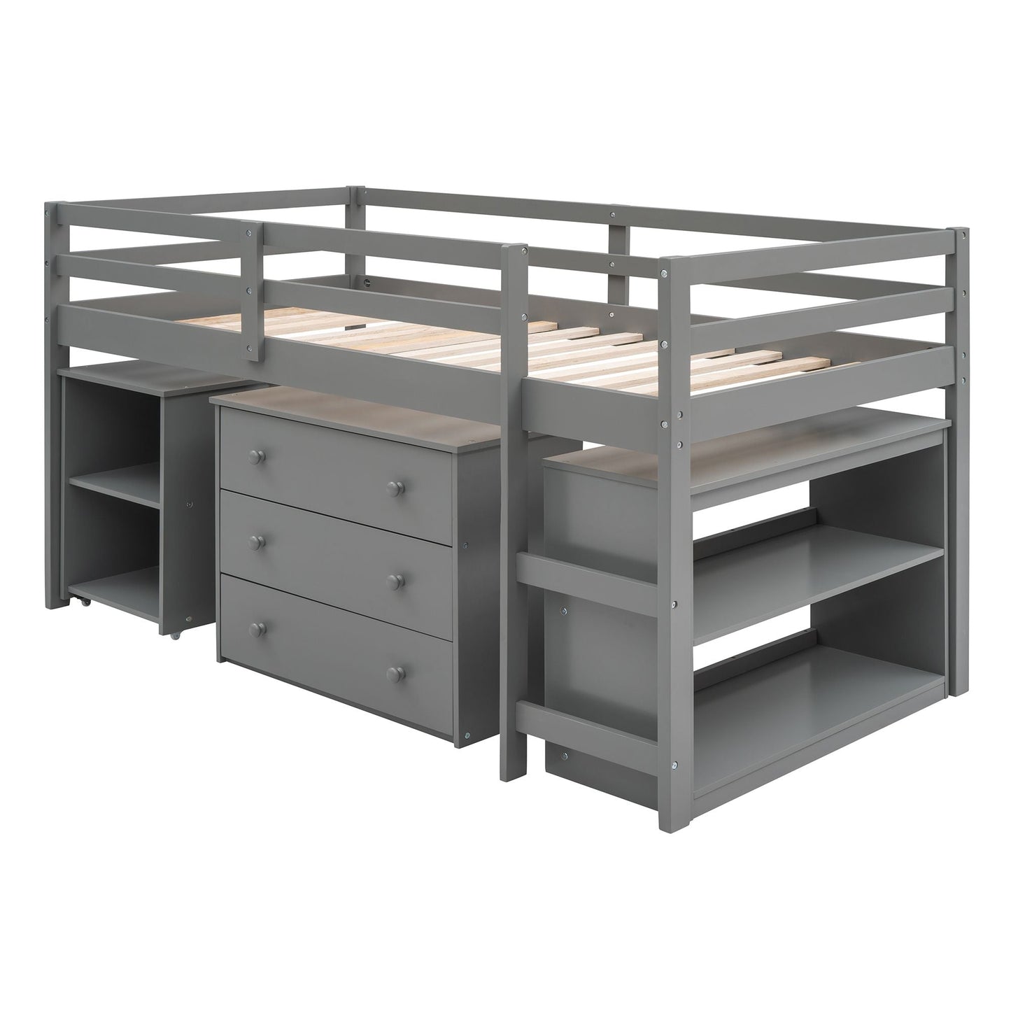 Kids Bedroom Twin Wood Loft Bed with Cabinet and Rolling Desk, White | Just Better Bunk Beds