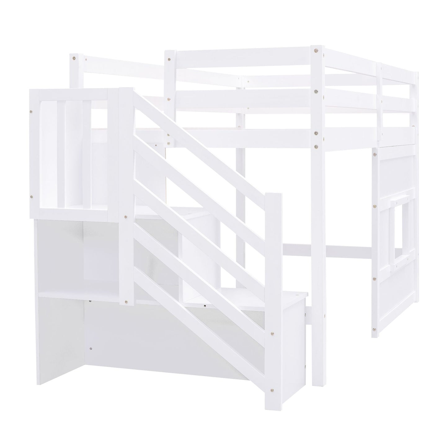Space-Saving Twin Loft Wood Bed with Storage Staircase and Window, White | Just Better Bunk Beds