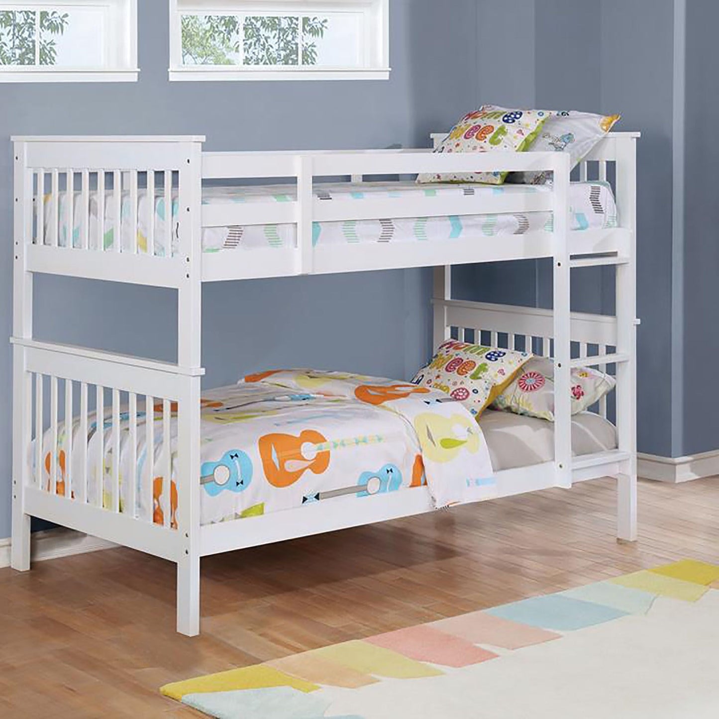 House-Style Twin Over Twin Wood Bunk Bed with White Slatted Headboard | Just Better Bunk Beds
