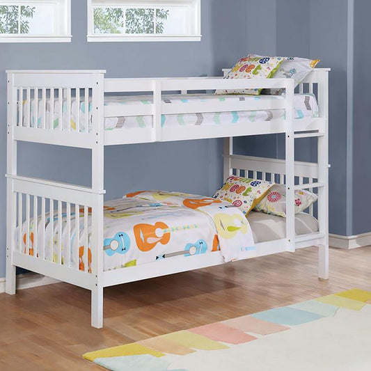 House-Style Twin Over Twin Wood Bunk Bed with White Slatted Headboard | Just Better Bunk Beds