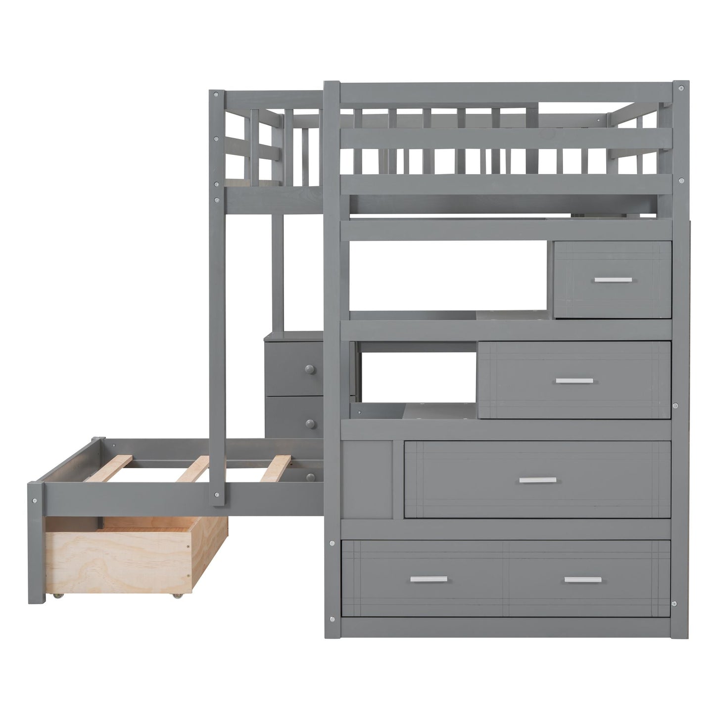 Shared Room Solution Full Over Twin Wood Bunk Bed with Desk, Drawers and Shelves, Gray | Just Better Bunk Beds
