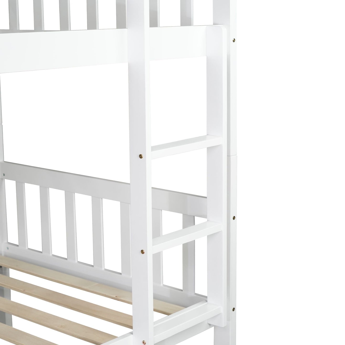 Convertible Twin Over Twin Rubber Wood Bunk Bed with Trundle, Ladder, Safety Guardrails, White | Just Better Bunk Beds