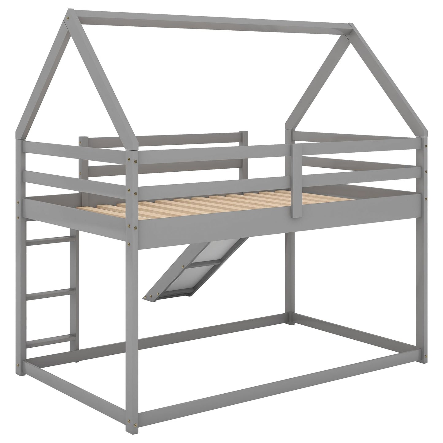 House-Style Low Twin Over Twin Wood Bunk Bed with Ladder, White | Just Better Bunk Beds